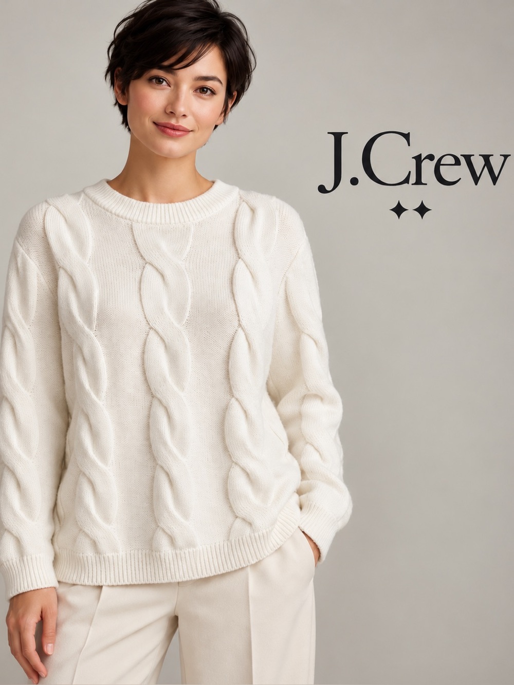 🌸J.Crew Factory Ivory Cable Knit Crewneck Sweater size L Quiet Luxury Chunky